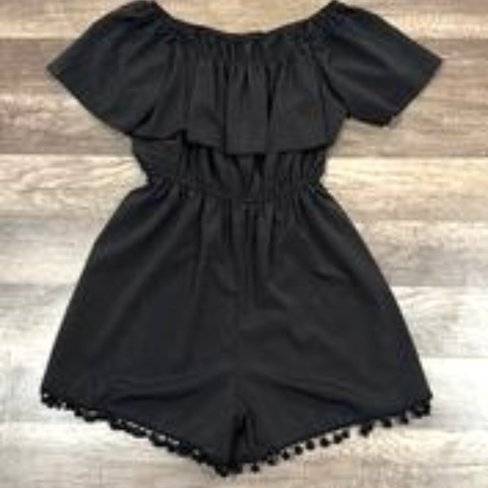 Black Off the Shoulder Pom Pom Romper